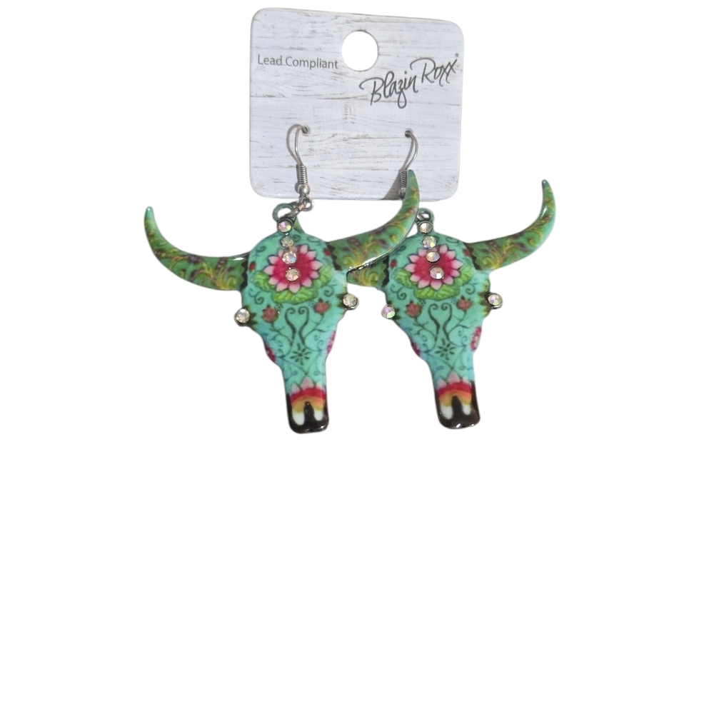 Blazin Roxx Floral Bull Skull Earrings - Green and Pink